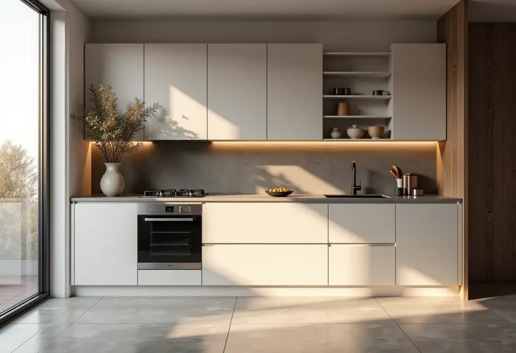 Cozinha moderna com eletrodomésticos embutidos e design clean.