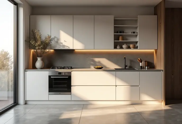 Cozinha moderna com eletrodomésticos embutidos e design clean.