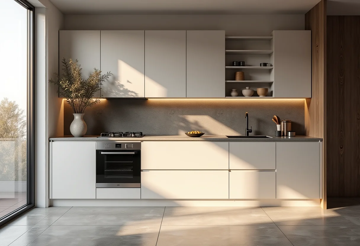 Cozinha moderna com eletrodomésticos embutidos e design clean.