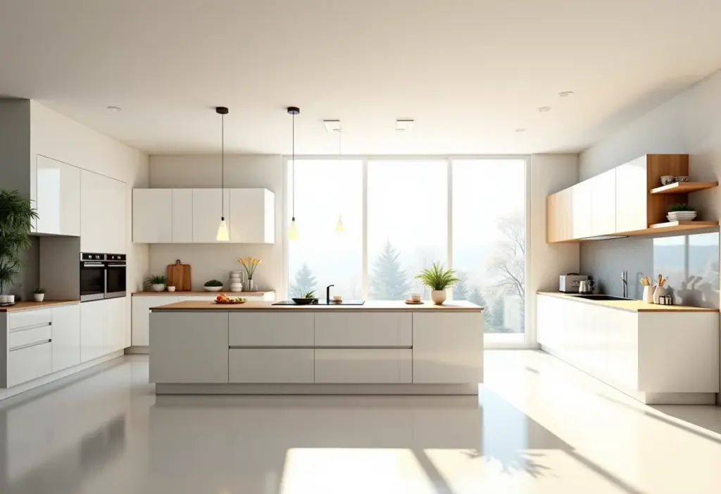 Cozinha moderna com eletrodomésticos embutidos e iluminação natural