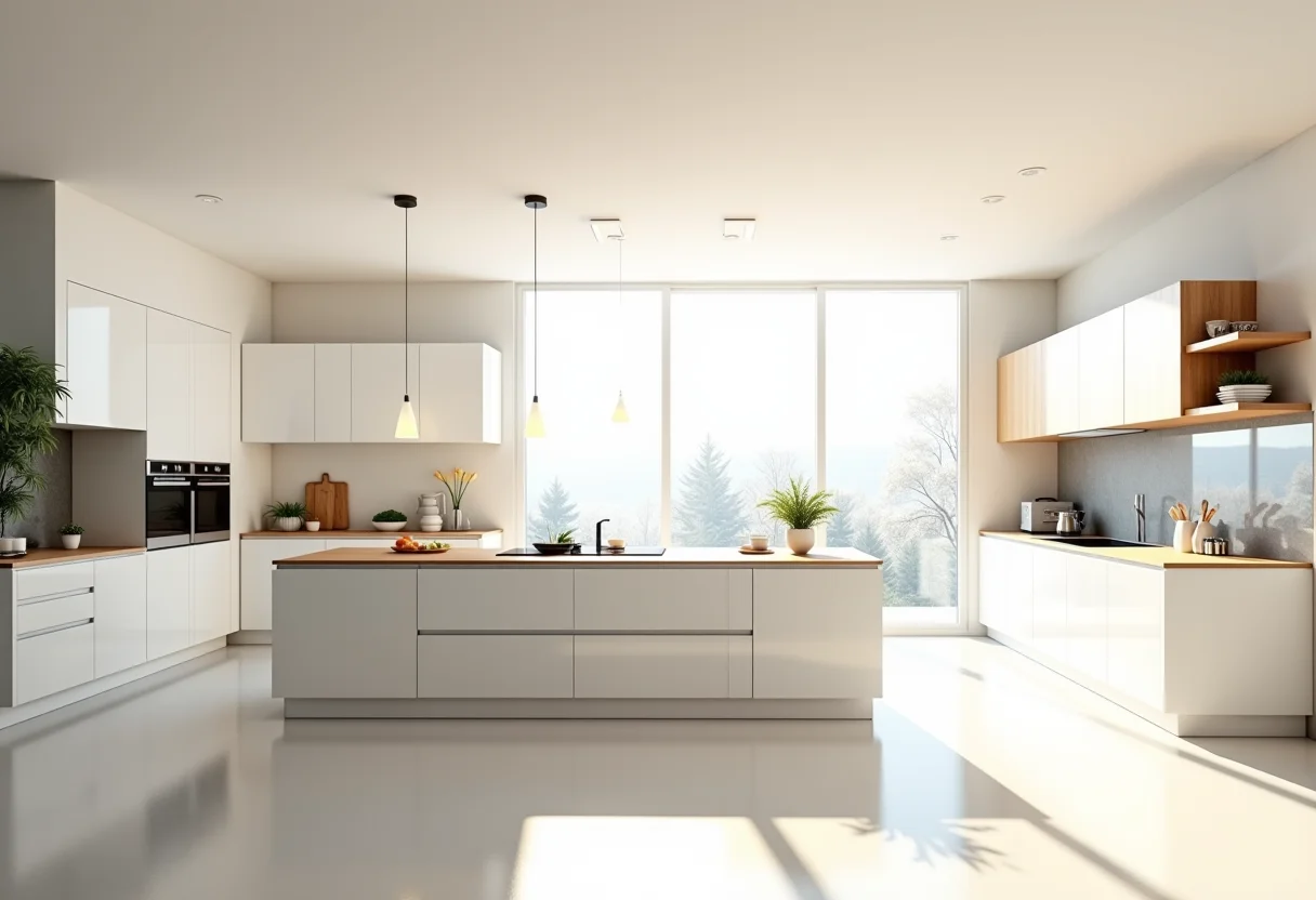 Cozinha moderna com eletrodomésticos embutidos e iluminação natural