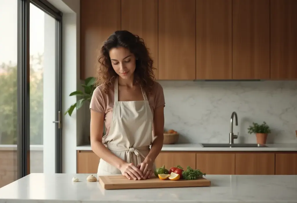 Cozinha moderna com ilha e bancada sob luz natural