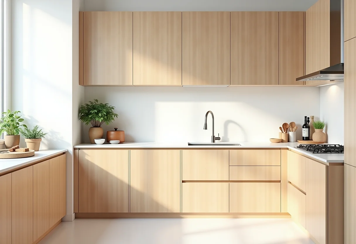 Cozinha planejada de canto com armários de madeira clara e bancadas elegantes.