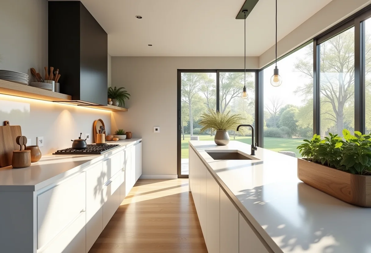 Cozinha planejada de canto com design clean e funcional