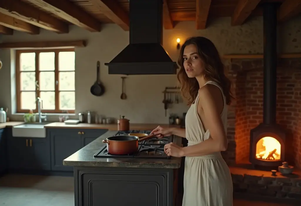 Cozinha com fogão a lenha: o charme rústico que te fará economizar Cozinha rústica com fogão a lenha e mulher preparando comida