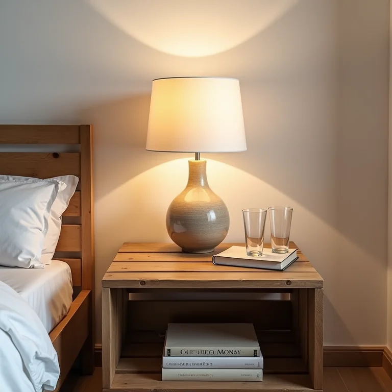 Criado-mudo rústico feito de caixote de feira no quarto