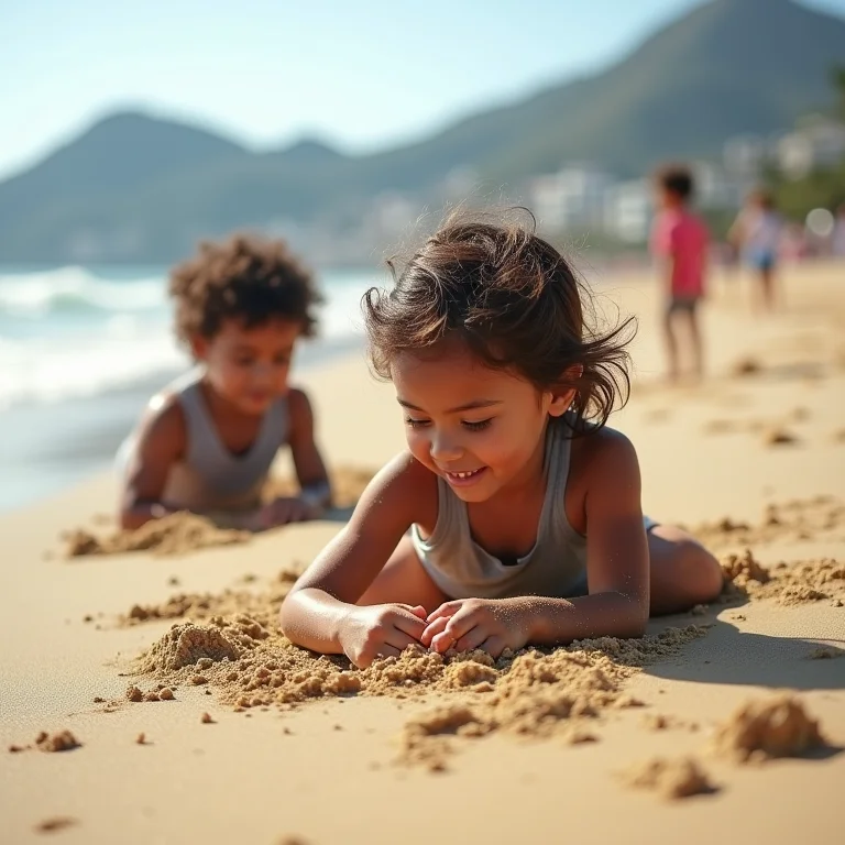Crianças brincando na areia da Praia de Copacabana
