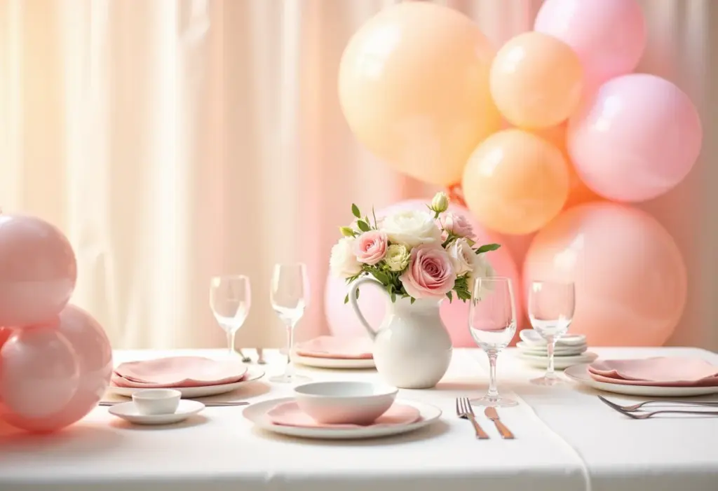 Decoração de aniversário feminina com balões e flores em tons pastel