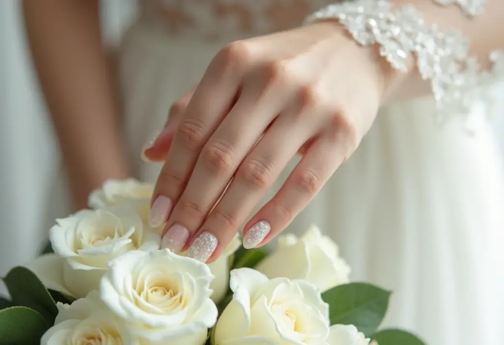 Decoração de unhas elegante para noiva com flores brancas