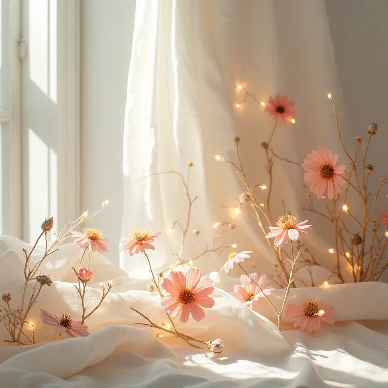 Decoração delicada de bodas de papel com flores secas e luzes.