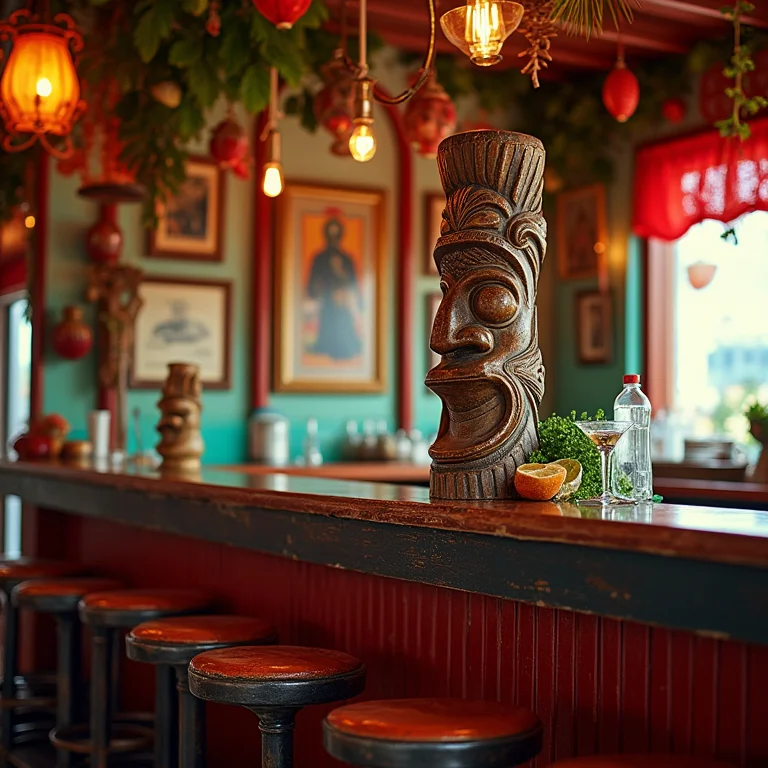 Decoração temática exagerada em um bar, com elementos clichês e ultrapassados.