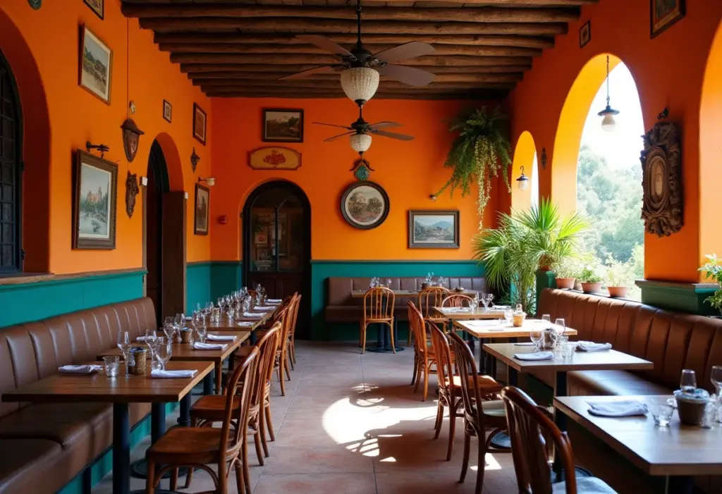 Decoração vibrante de restaurante mexicano.