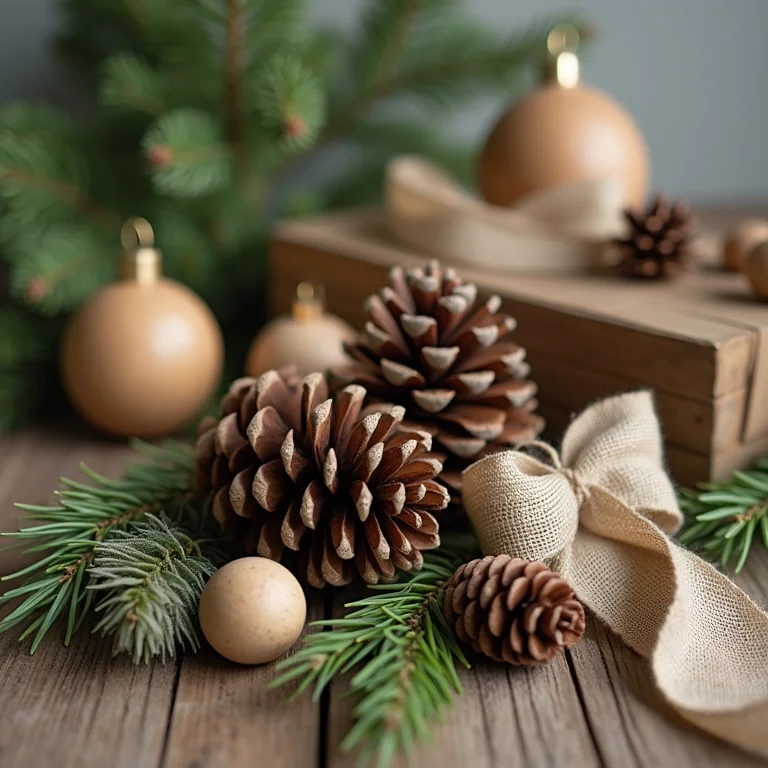 Decorações de Natal sustentáveis com pinhas, madeira e juta
