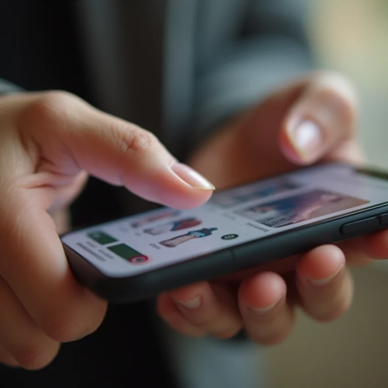 Dedos digitando rapidamente em app de e-commerce