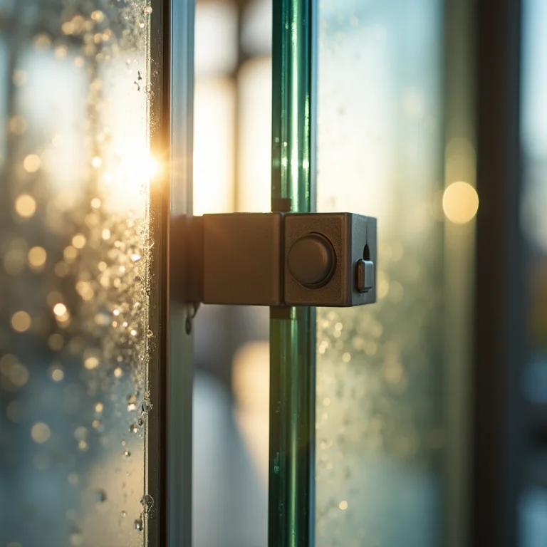 Detalhe da porta de vidro de uma cristaleira.