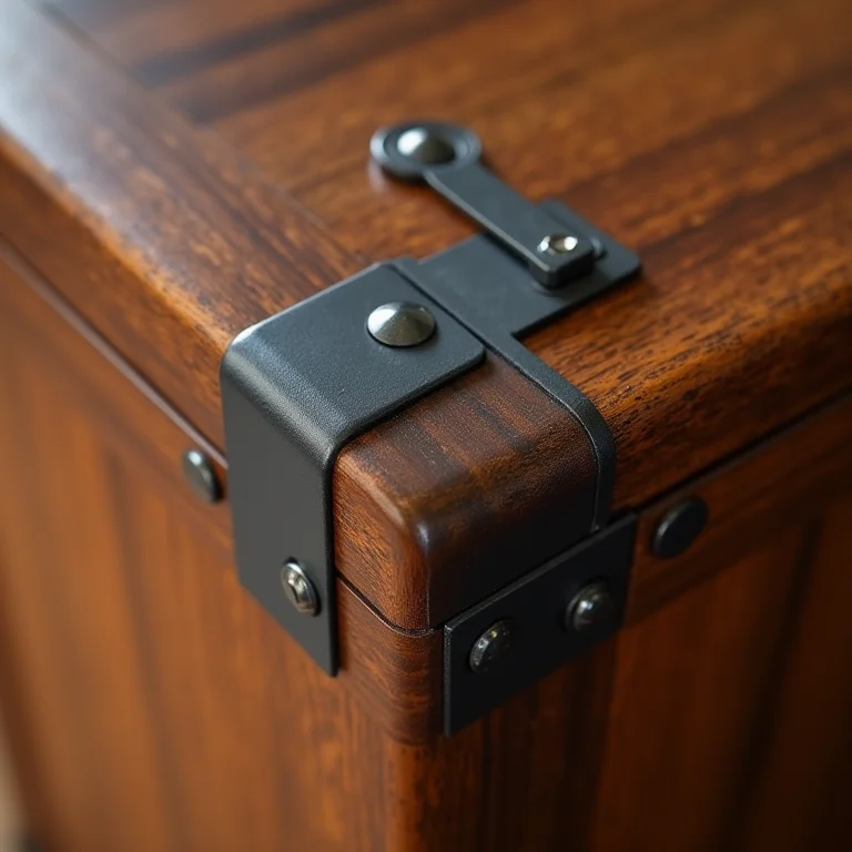 Detalhe da textura da madeira e ferragens de uma cristaleira.