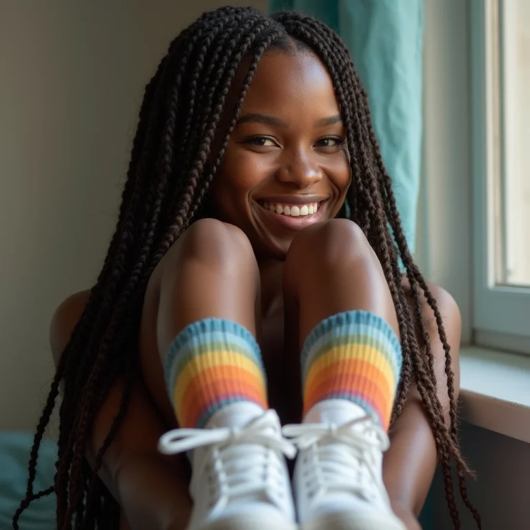 Detalhe de All Star com meias coloridas em mulher negra