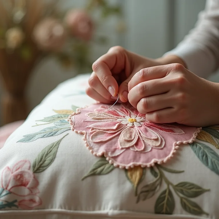 Detalhe de aplicação de tecido em almofada.