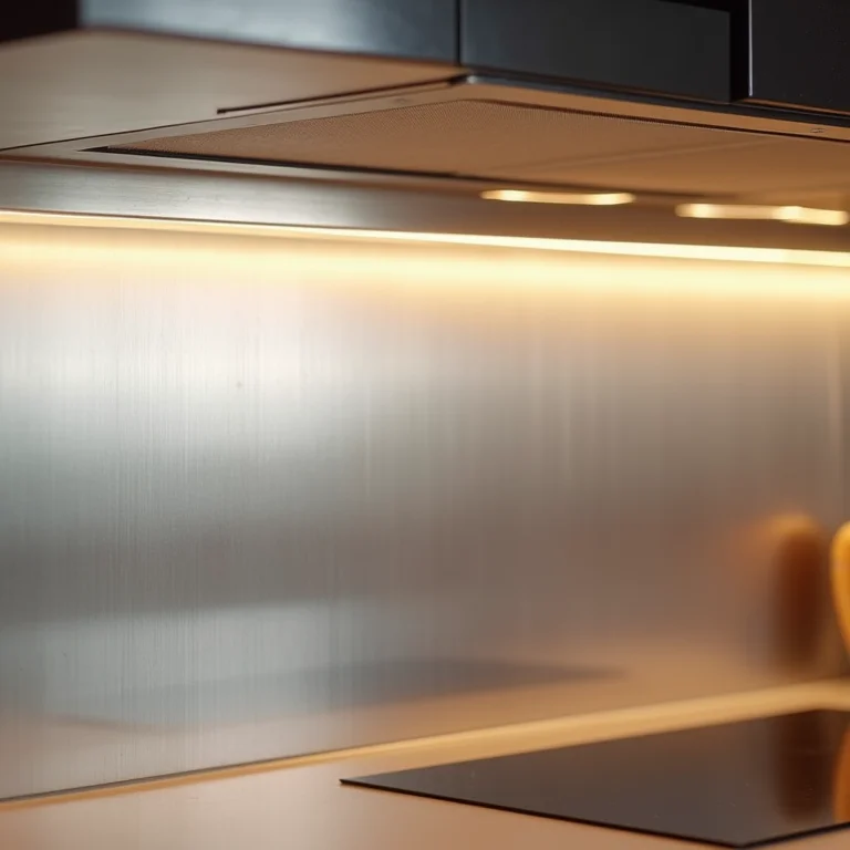 Detalhe de backsplash moderno em aço inox refletindo a luz da cozinha.