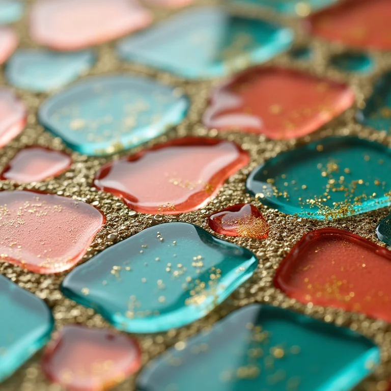 Detalhe de backsplash vibrante feito com pastilhas de vidro coloridas.