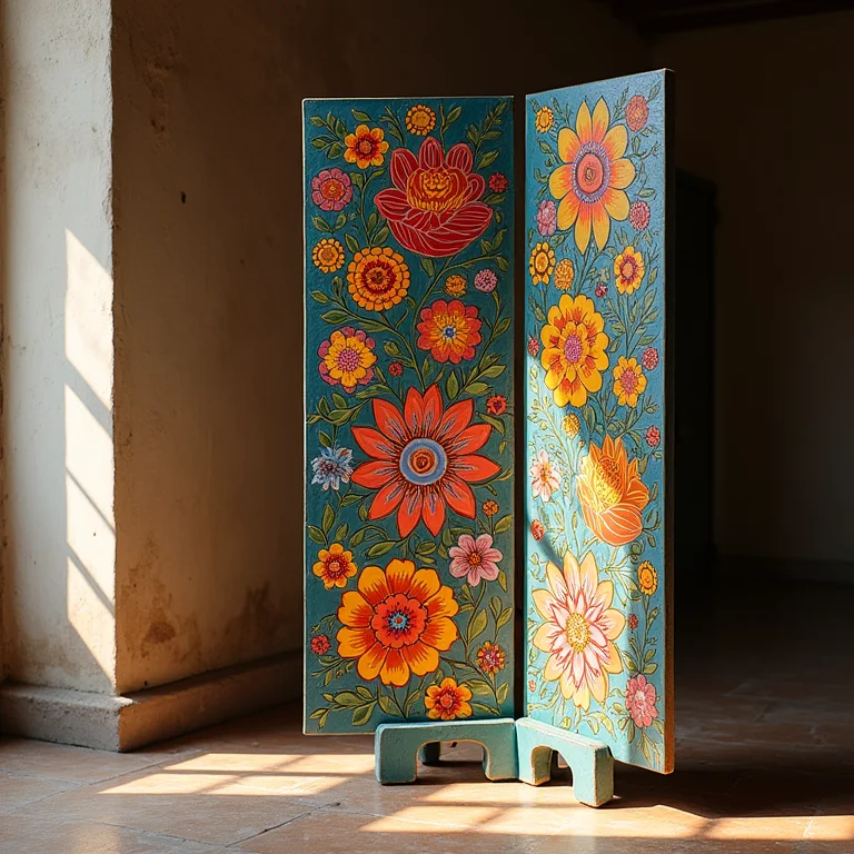Detalhe de biombo colorido com pintura floral.
