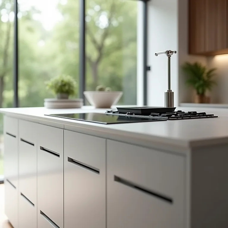 Detalhe de cooktop embutido em península de cozinha moderna