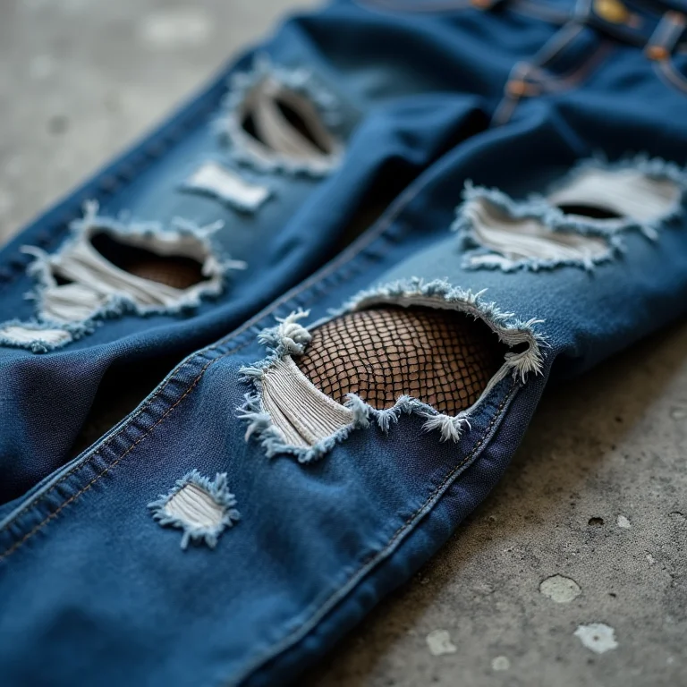 Detalhe de jeans destroyed com meia arrastão preta.