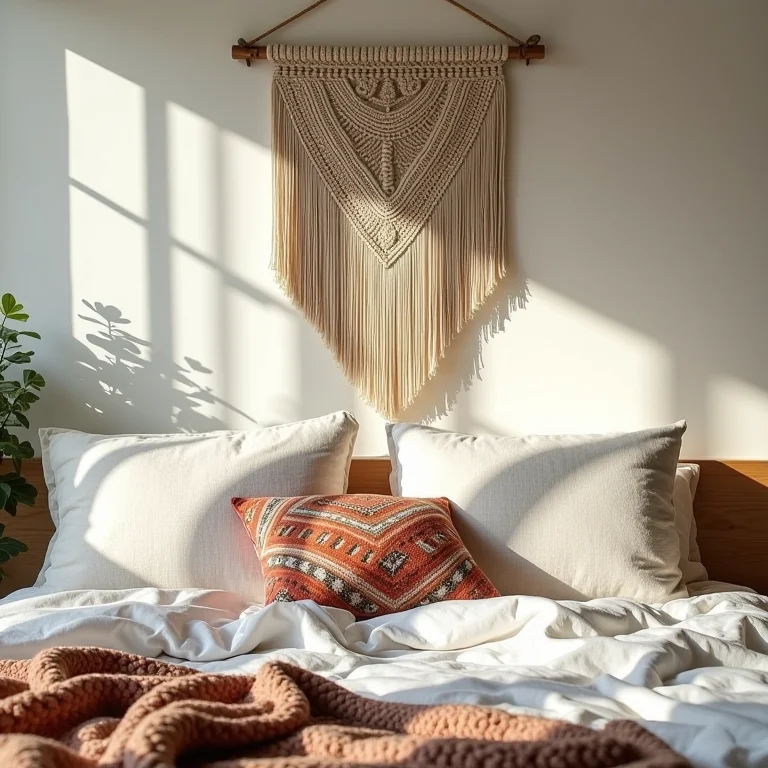 Detalhe de texturas em um quarto boho