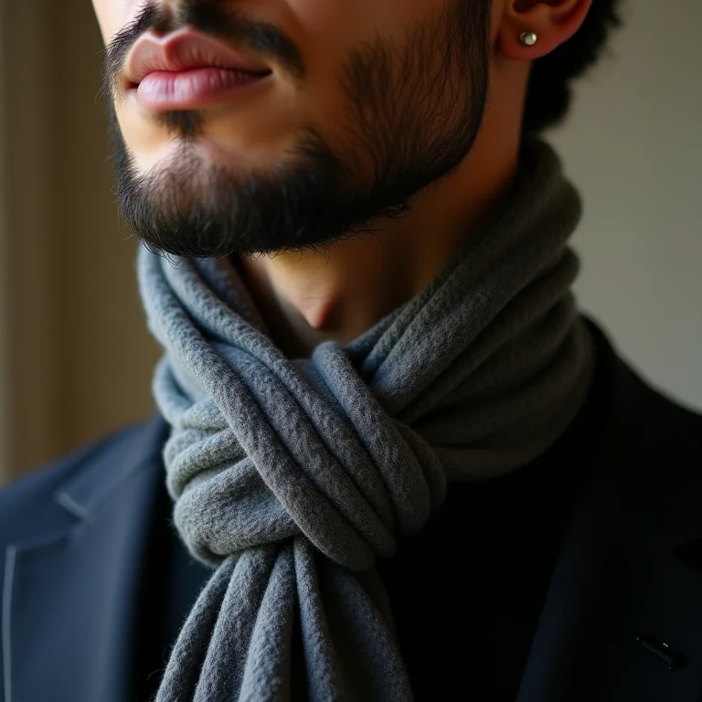 Detalhe de um cachecol masculino amarrado no estilo Nó Parisian