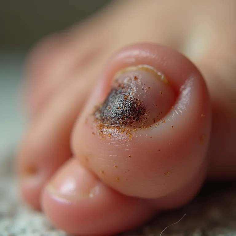 Detalhe de unha com micose mostrando descoloração e espessamento