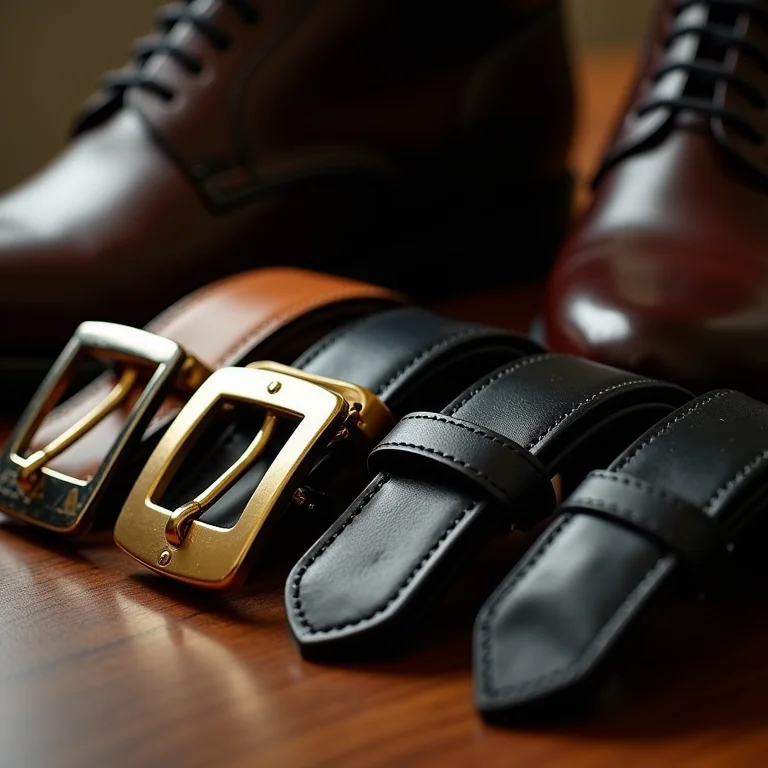 Detalhes de fivelas de cinto e sapatos.