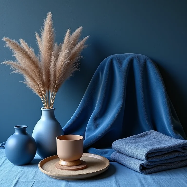 Detalhes de texturas e acessórios azuis para decoração.