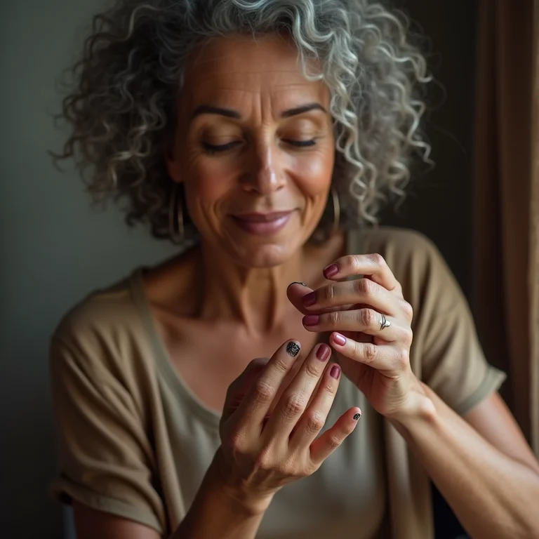 Detalhes geométricos em preto em unhas de gel.