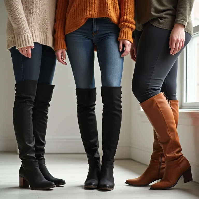 Diferentes tipos de corpos usando bota acima do joelho.