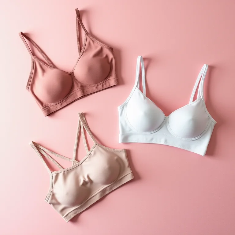 Diferentes tipos de tops esportivos em um tapete de yoga rosa.