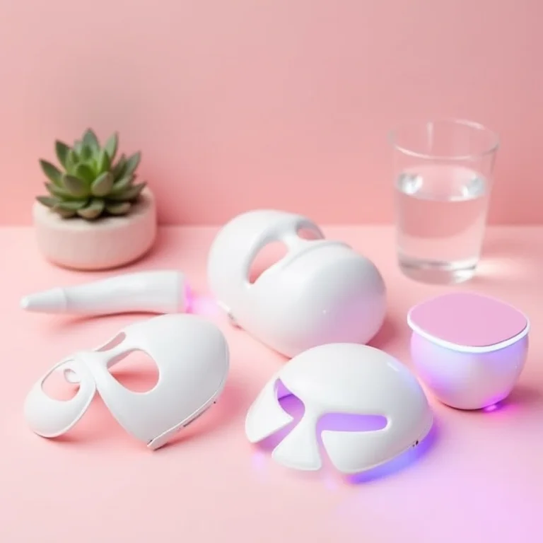 Dispositivos de ledterapia facial para uso doméstico em fundo rosa claro