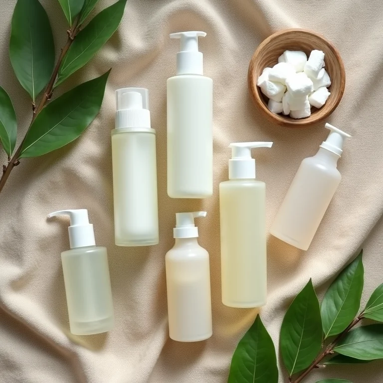 Diversos frascos de tônico facial em composição flat lay com folhas e algodão.