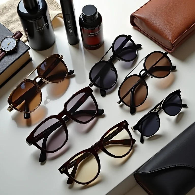 Diversos óculos de sol masculinos estilosos dispostos com produtos de higiene e relógio elegante.