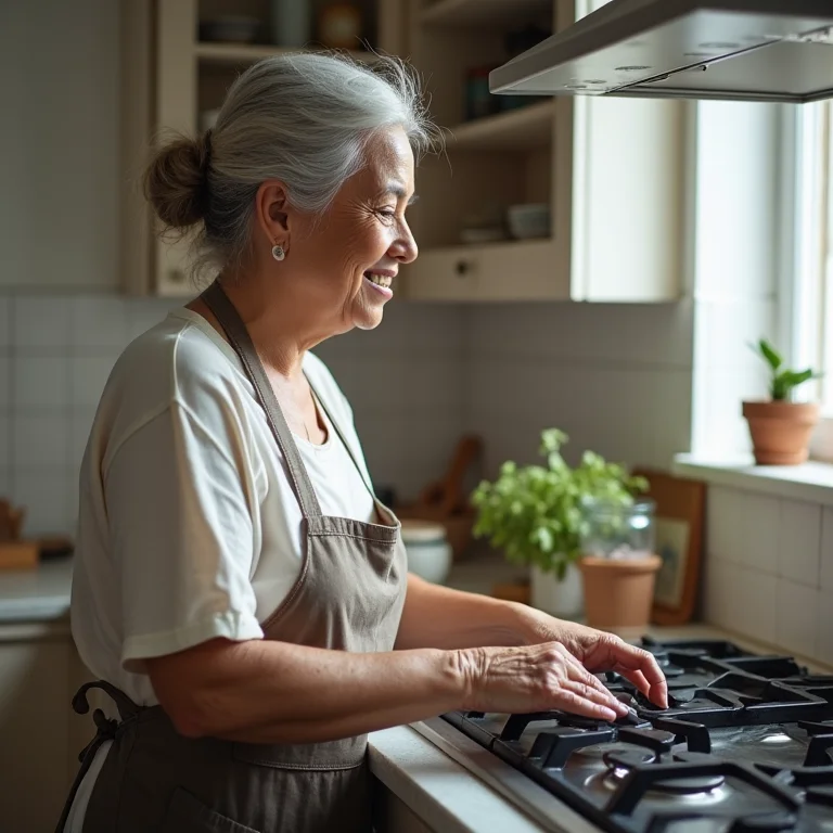Dona de casa asiático-brasileira sorri para fogão limpo