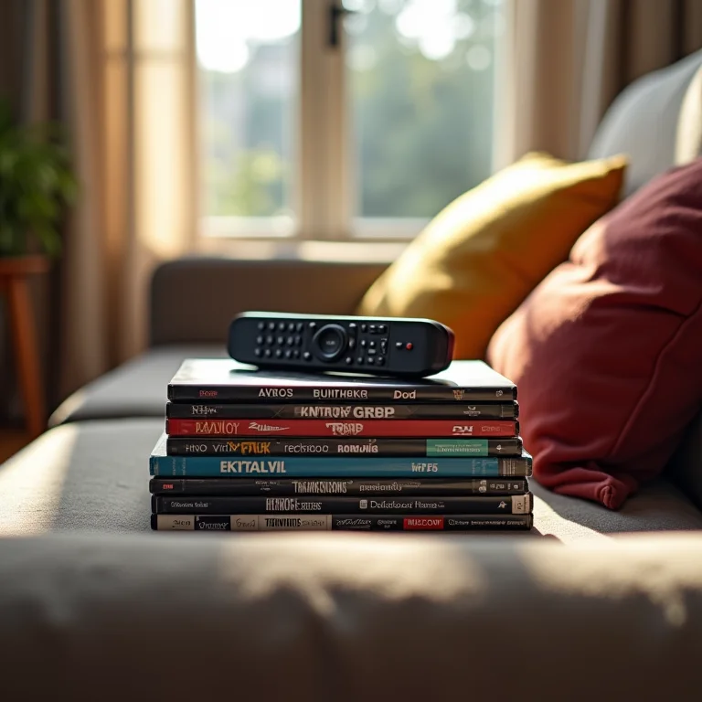 DVDs e controle remoto em um sofá aconchegante.