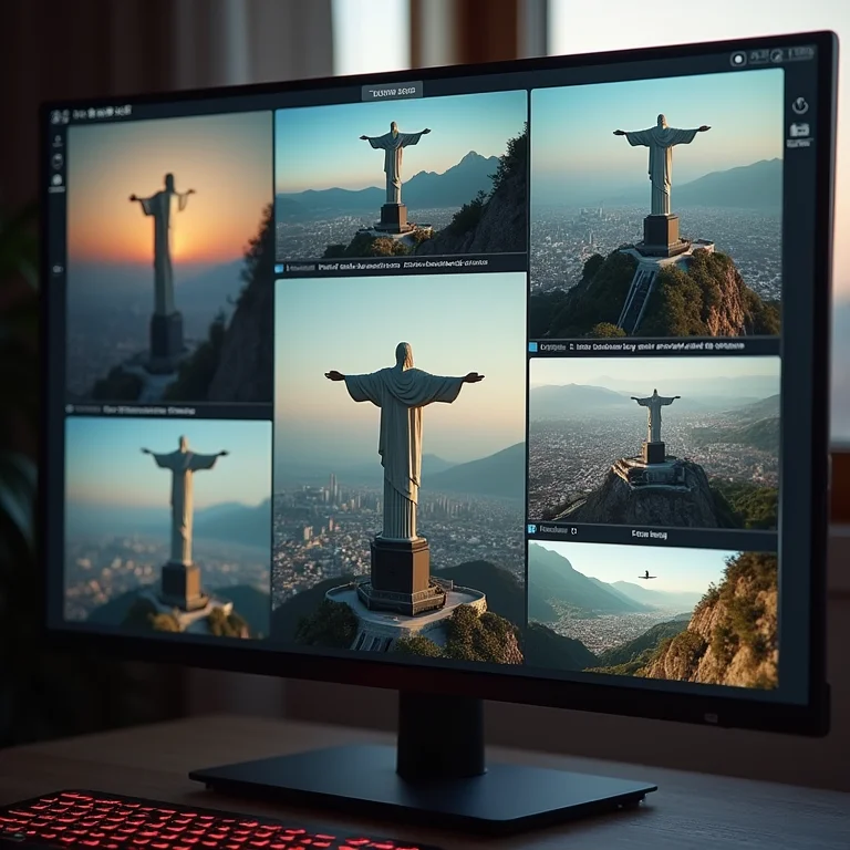 Edição de fotos do Cristo Redentor em um monitor profissional.