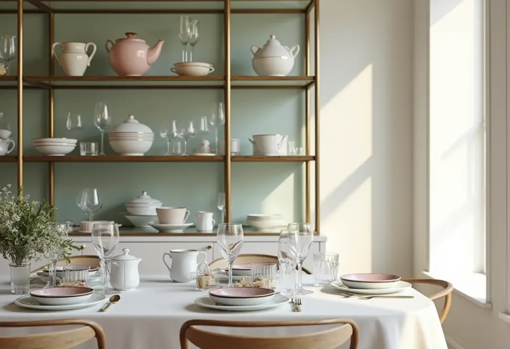 Elegante cristaleira exibindo louças em sala de jantar minimalista.