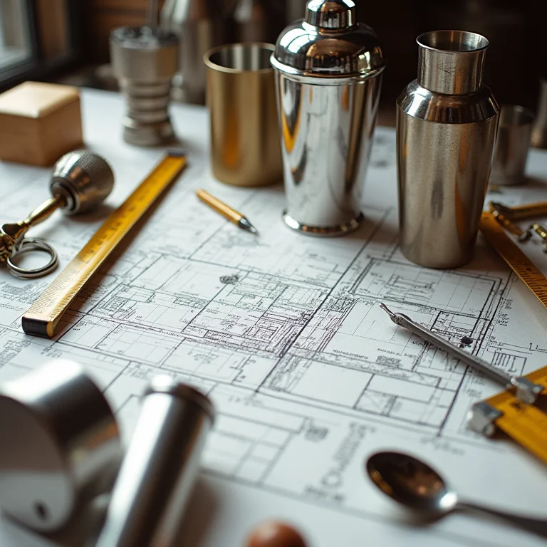 Equipamentos de bar espalhados sobre uma planta baixa