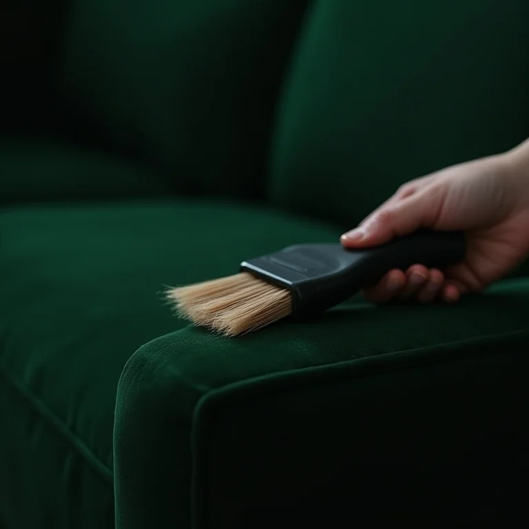 Escova macia limpando sofá de veludo verde.