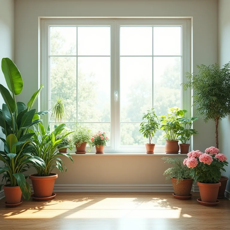 Escritório iluminado com plantas e elementos naturais.