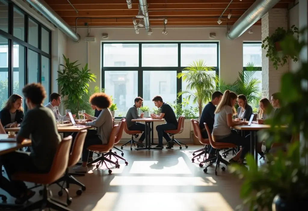 Coworking: 5 erros de decoração que espantam os clientes Espaço de coworking moderno com pessoas diversas trabalhando juntas