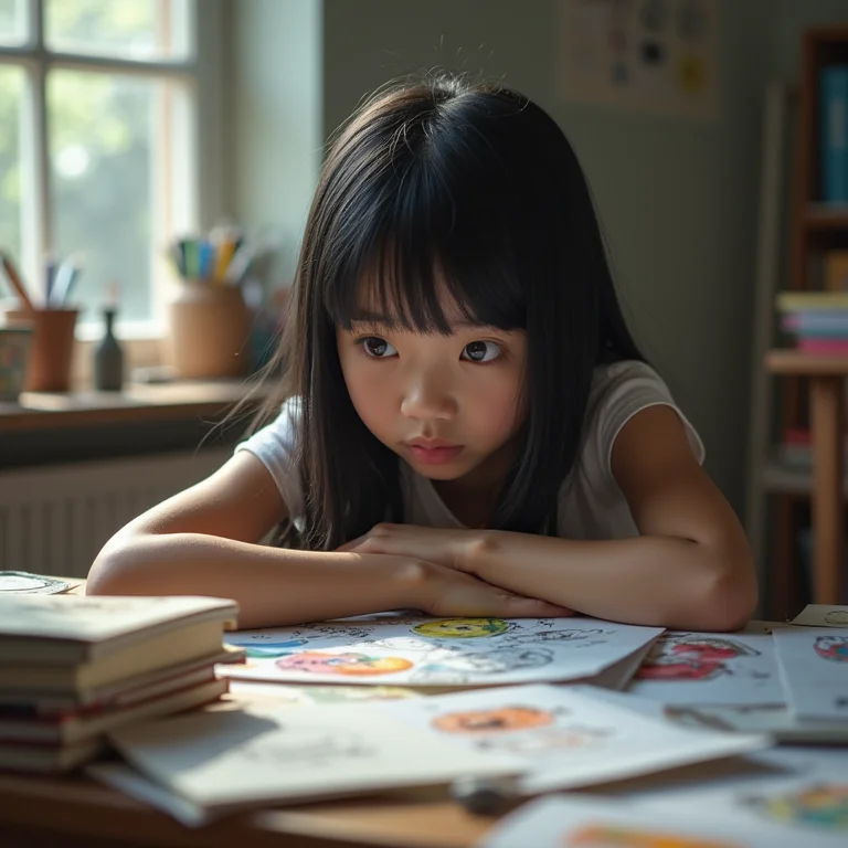 Espaço de estudo desorganizado em quarto de adolescente.