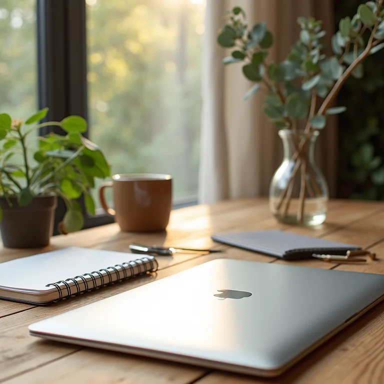 Espaço de trabalho minimalista com laptop e planner