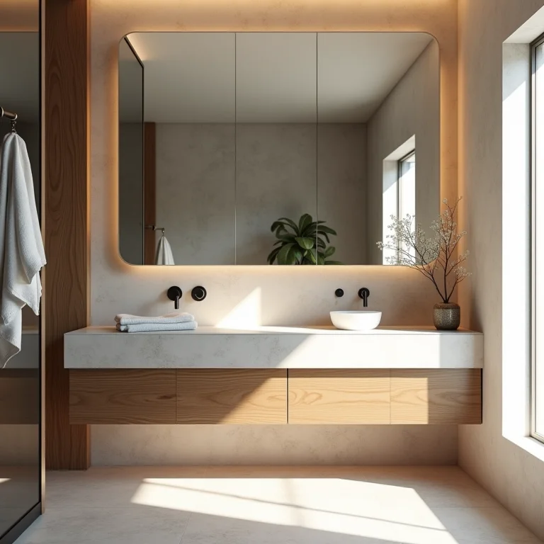 Espelho grande em banheiro pequeno para ampliar o espaço.