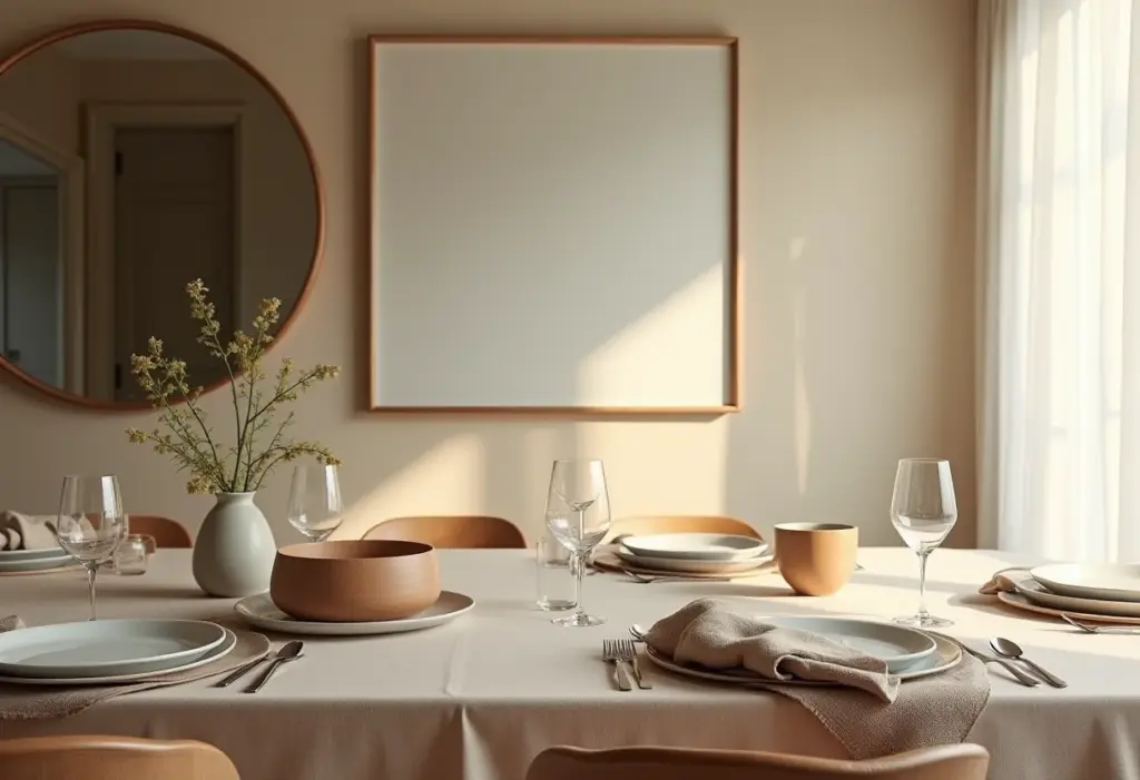 Espelho na sala de jantar ampliando espaço e iluminação